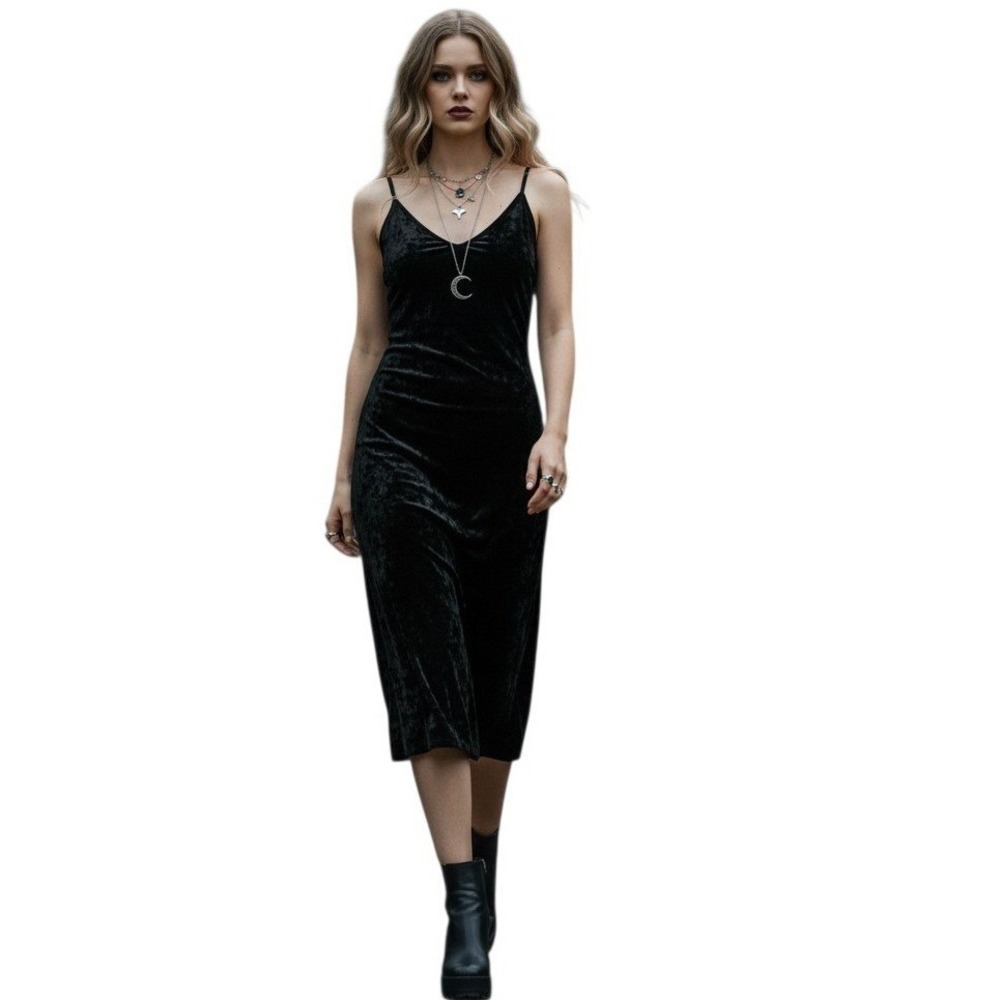 Y2k Vintage Whimsigoth Crushed Velvet Womens size Medium Gothy Witchy Midi Dress